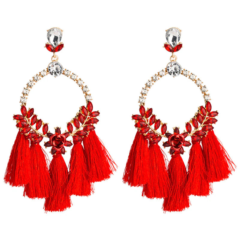 Lovely Exaggerate Floral Rhinestone Tassels Fashion Diva Female Earrings Bohemian Style Jewelry