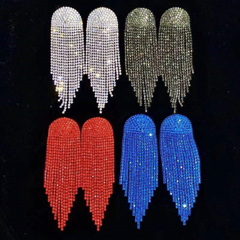 Trendy High Fashion Rhinestone Tassel Earrings For Women Statement Jewelry Shine Crystal Large Long Earring