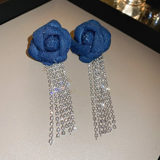 Beautiful Denim Flower Tassel Earrings Light Luxury Design Trendy Fashion Dangle  Rhinestone