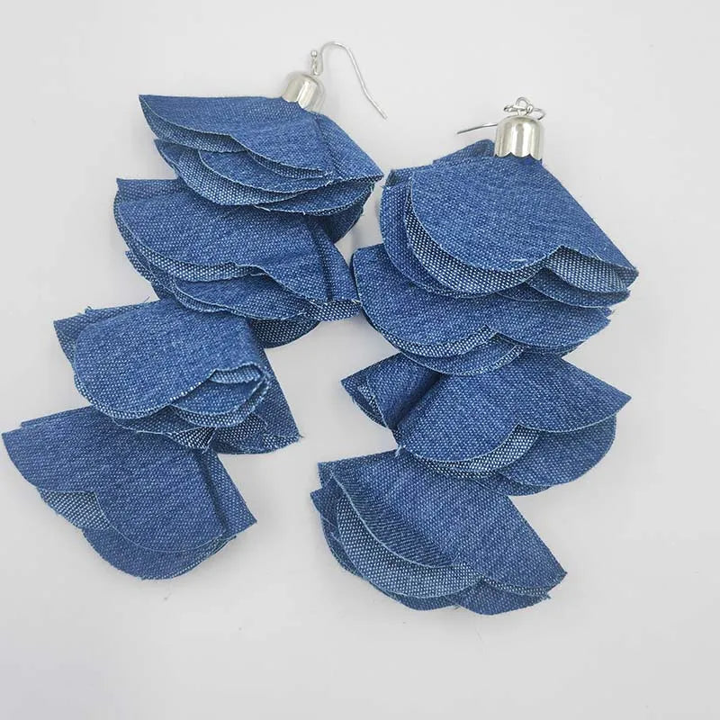 Beautiful Four Layered Denim Handmade Flower Petal Tassel Dangle Earrings for Women Fashion  Jewelry