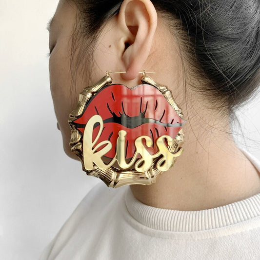 Fashion Red Kiss Sexy Lips Acrylic Women Gold Bamboo Earrings Jewelry