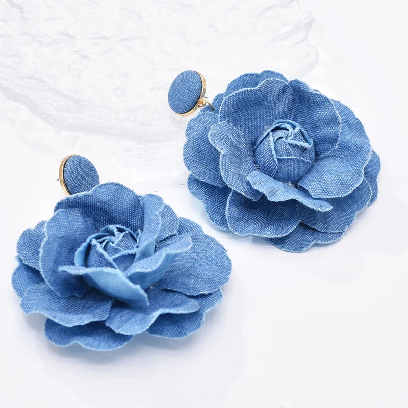 Denim Rose Flower Women Drop Bold Elegant  Exaggerate Statement Earrings