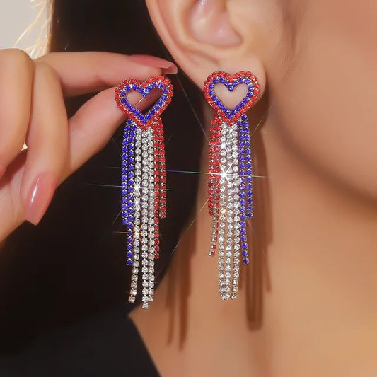 Red White Blue Heart Rhinestone Crystal Tassel Drop Earring for Women  Pendant Earrings Girl Ear Jewelry