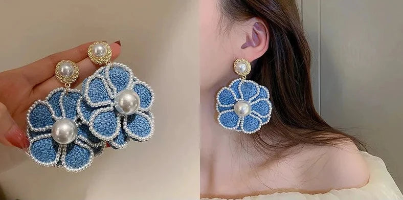 Elegant Blue Denim Crystal Pearl Flower Earrings Jewelry for Women Accessories