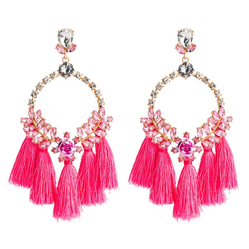 Lovely Exaggerate Floral Rhinestone Tassels Fashion Diva Female Earrings Bohemian Style Jewelry