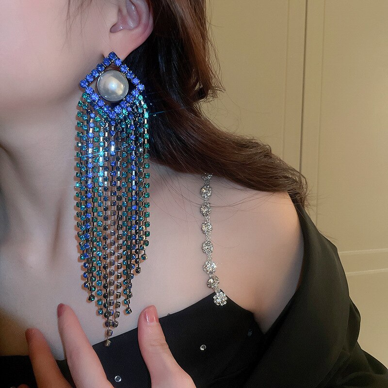 New Long Tassel Crystal Drop Earrings for Women Oversize Geometric Blue Rhinestone Pearl Earrings Statement Jewelry