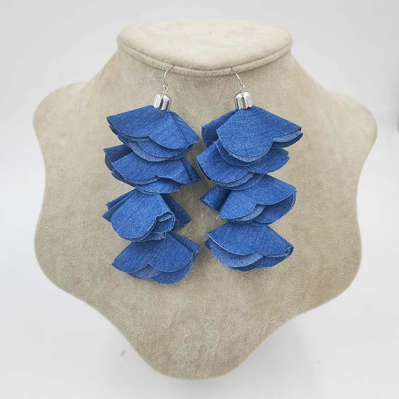 Beautiful Four Layered Denim Handmade Flower Petal Tassel Dangle Earrings for Women Fashion  Jewelry