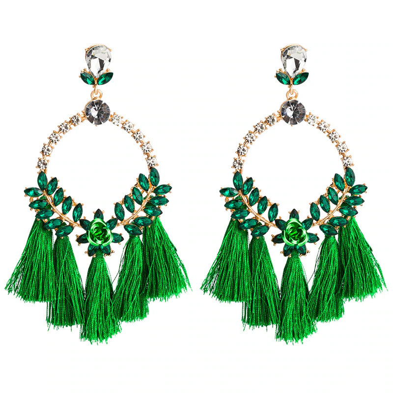 Lovely Exaggerate Floral Rhinestone Tassels Fashion Diva Female Earrings Bohemian Style Jewelry