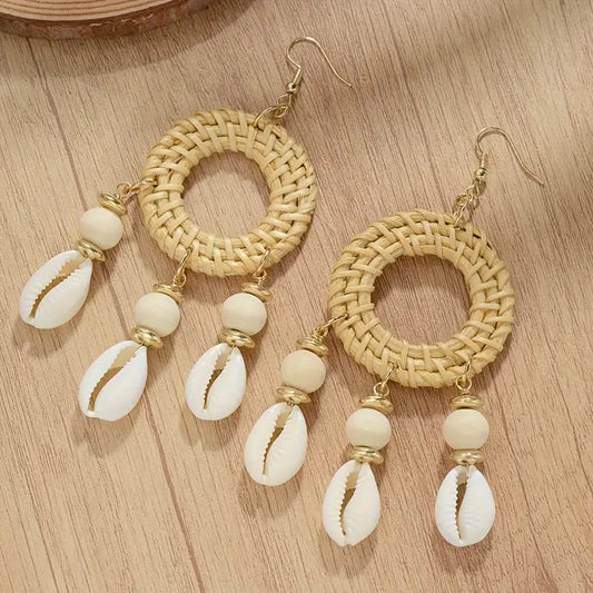 Nice Cowrie Round Woven and Shell Dangle Earrings  for Everyday Wear & Beach Summer Getaway Accessories