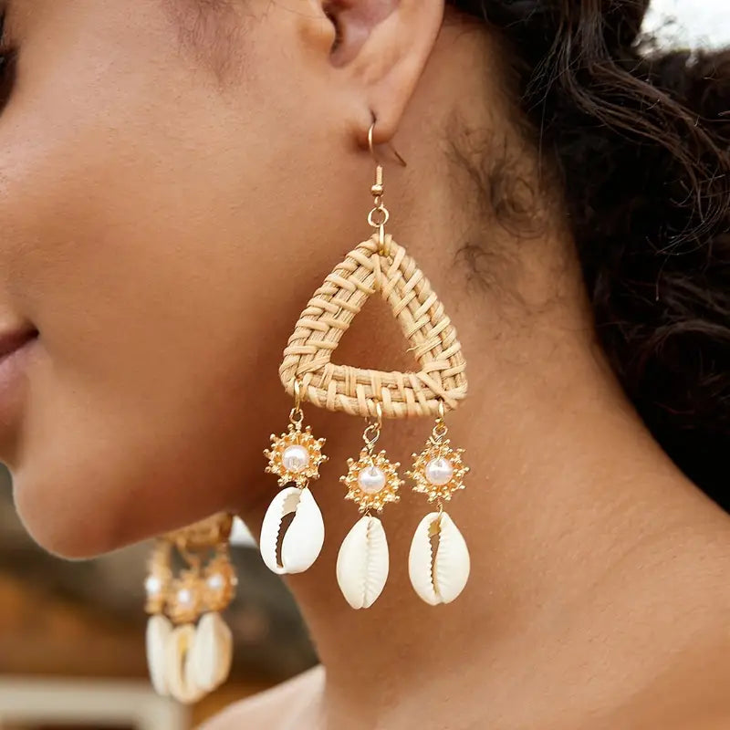 Unique Cowries Triangle Shell Tassel Design Dangle Earrings  Bohemian Style for Women Seaside Vacay Jewelry