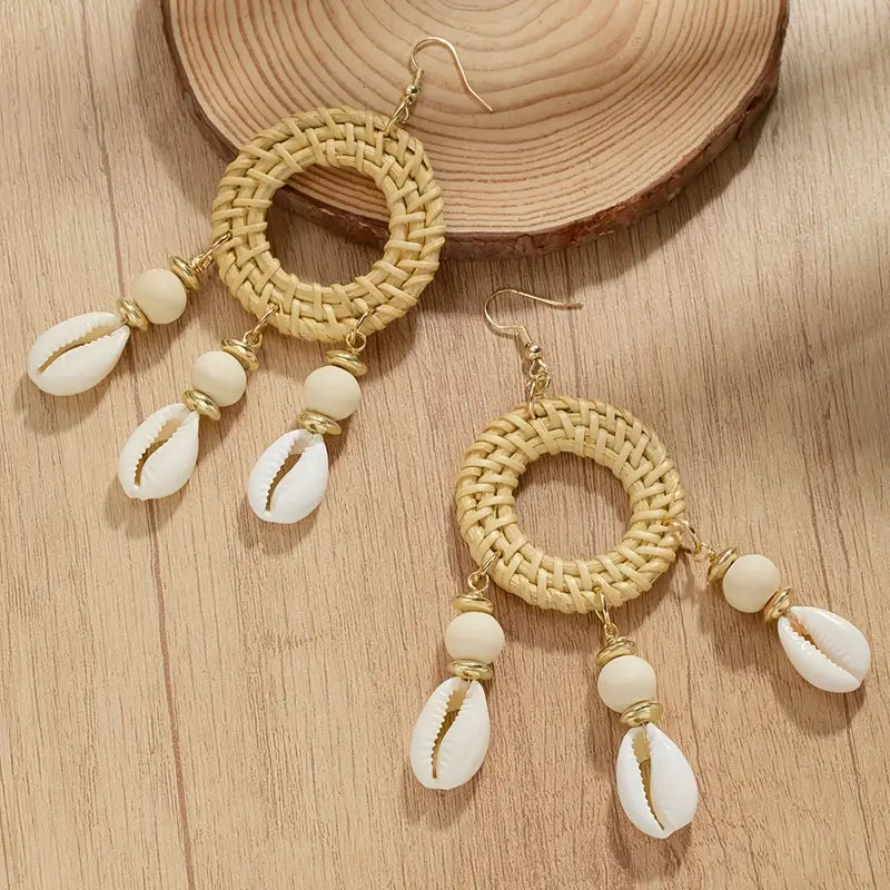 Nice Cowrie Round Woven and Shell Dangle Earrings  for Everyday Wear & Beach Summer Getaway Accessories