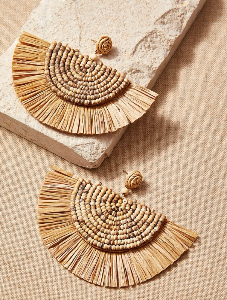Beach Style Fashion Woven  Straw Wicker Woven Braid Dangle Earrings Summer Geometric Jewelry