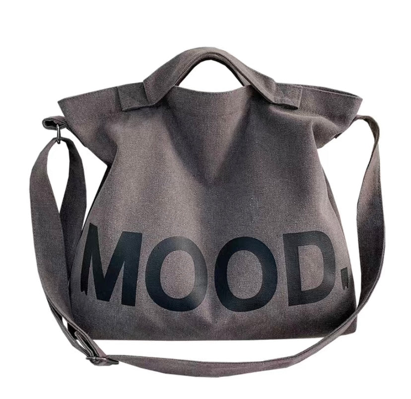 MOOD Letter Graphic Canvas Trendy Crossbody Tote Women's Fashion Style Gray Bag