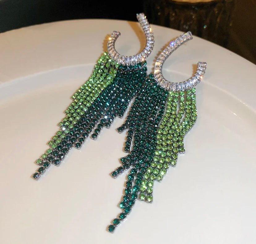 Green Statement Earrings for Women Fashionable  Rhinestones Drop Earrings