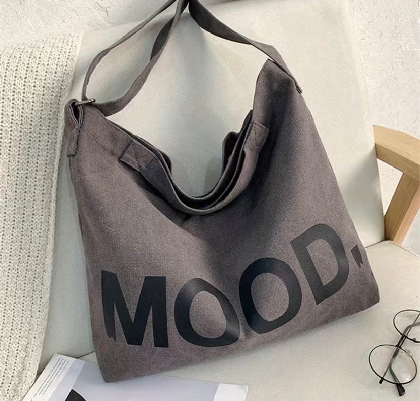 MOOD Letter Graphic Canvas Trendy Crossbody Tote Women's Fashion Style Gray Bag