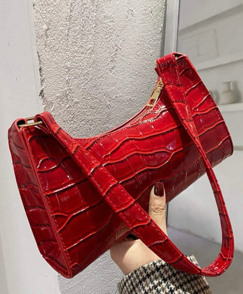 Fire Hot Red Crocodile Designed Embossed Baguette Bag Tote Purse Accessory