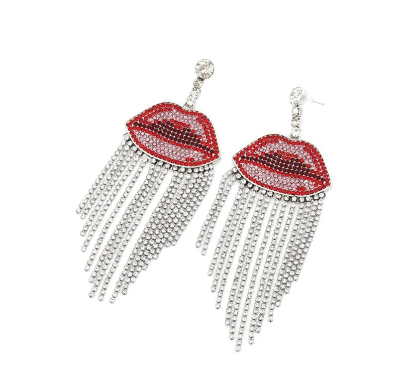Lips Kiss Glam Luxury Sexy Rhinestone Red Lip Tassel Dangle Earrings for Women Jewelry