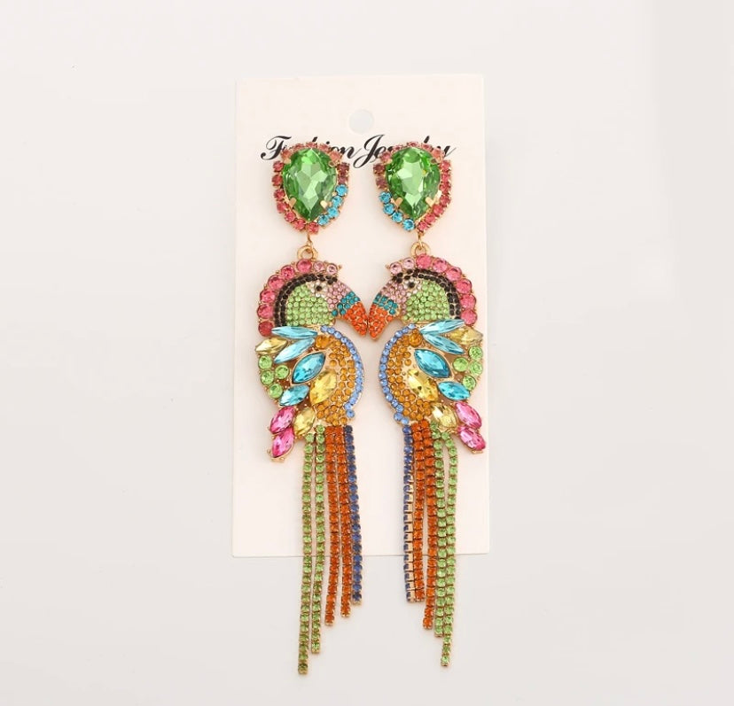 Exotic  Parrot Dangle Shining Rainbow Colorful Rhinestone Drop  Earrings for Women