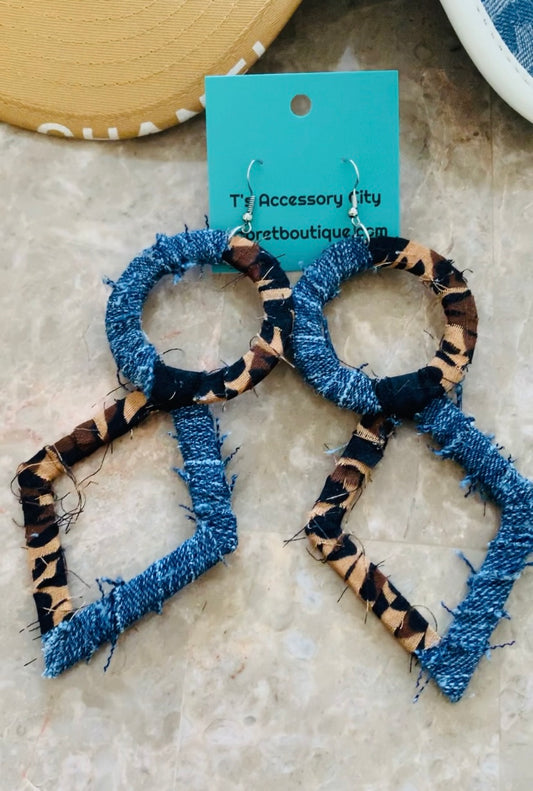 Beautiful Diva Distressed Denim Leopard Fashion Handmade Earrings