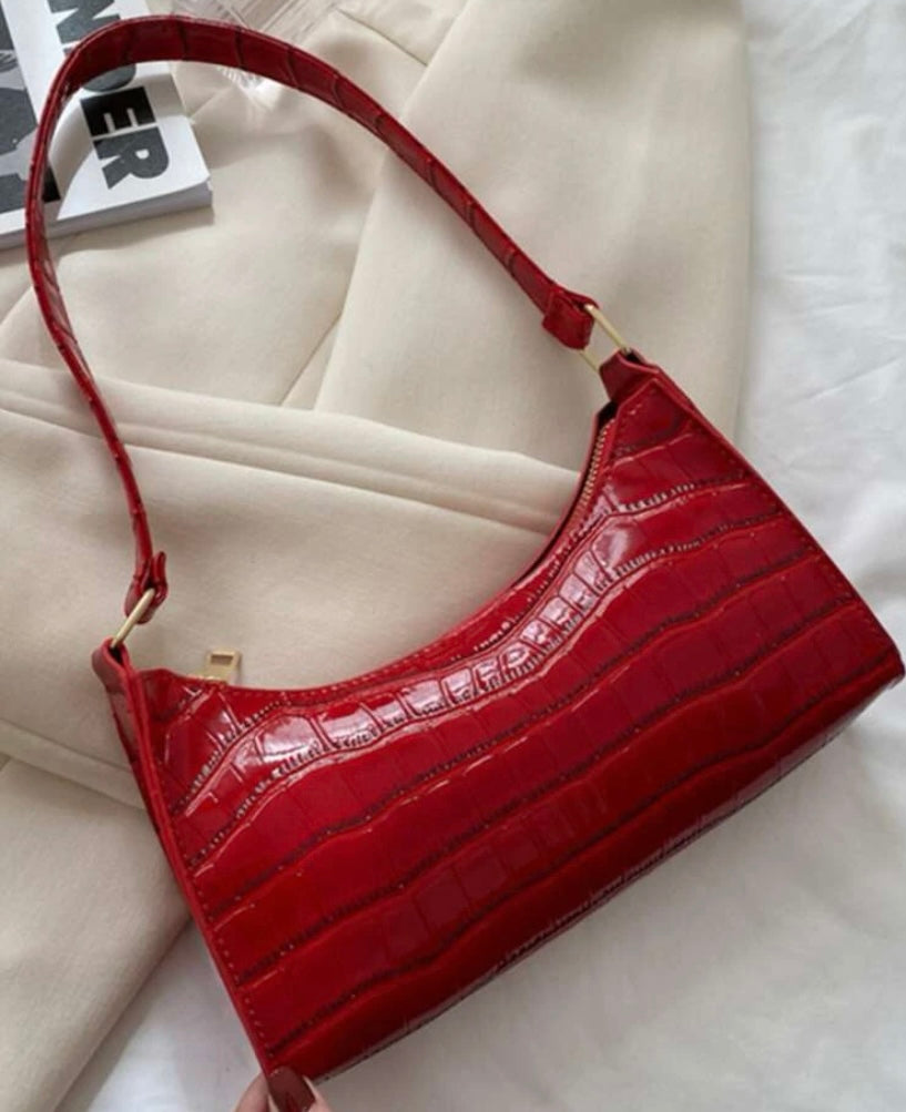 Fire Hot Red Crocodile Designed Embossed Baguette Bag Tote Purse Accessory