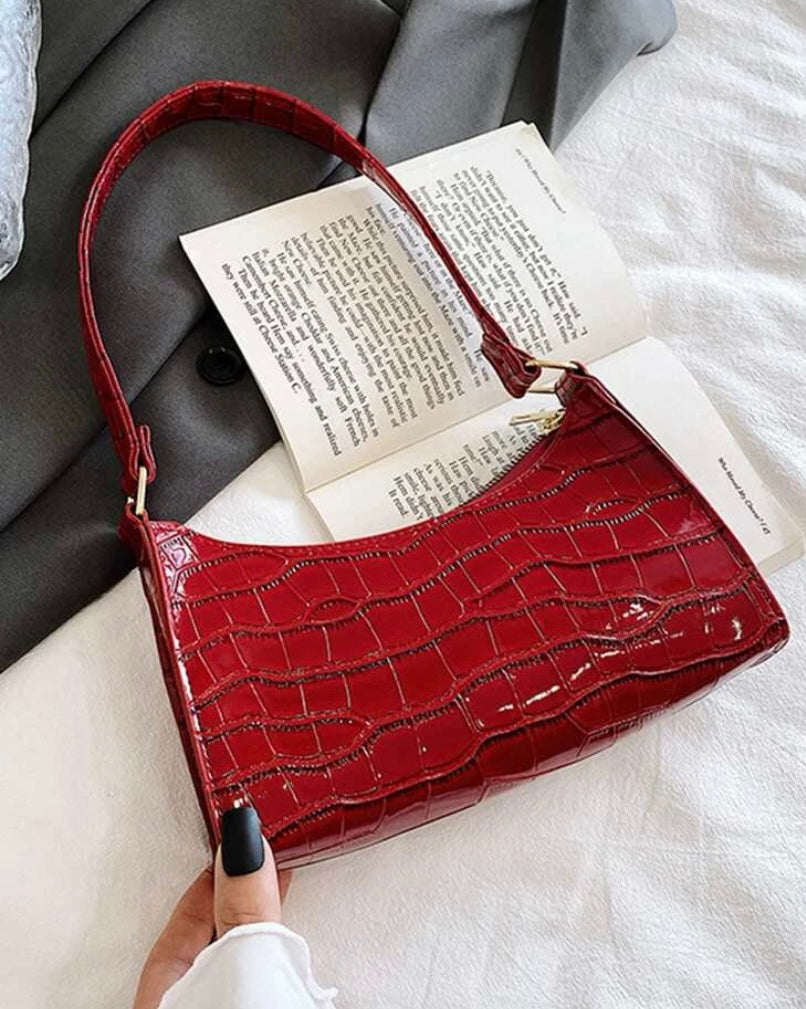 Fire Hot Red Crocodile Designed Embossed Baguette Bag Tote Purse Accessory