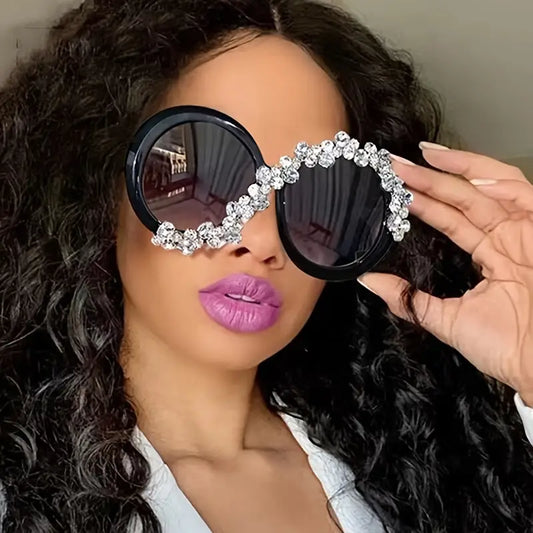 Chic Diva Oversized Round Frame Women Rhinestone Eyewear Sunglasses