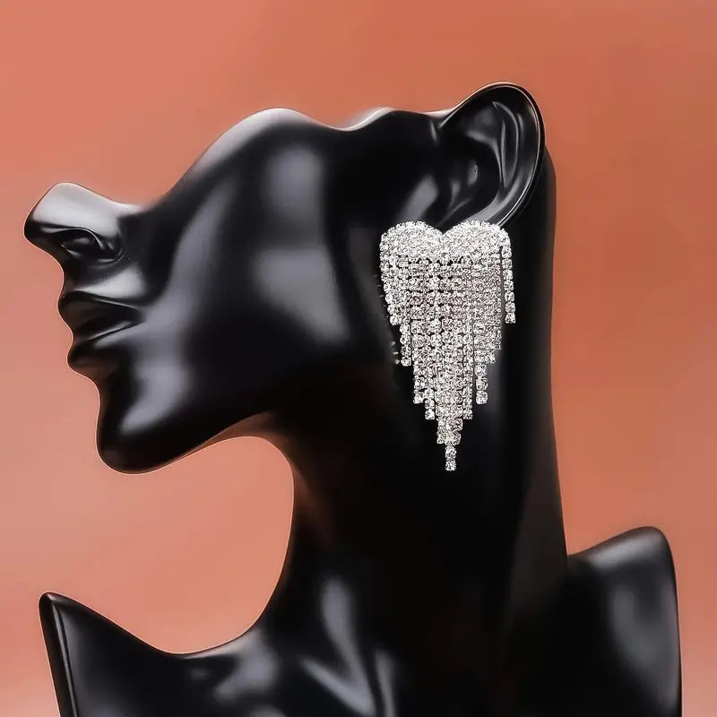 Heart-Shaped Rhinestone Tassel Drop Crystal Earrings Accessories