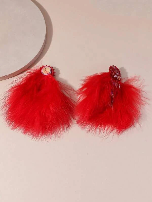 Lovely Red Fluffy Bohemian Feather Styled Fashion Earrings for Women Trendy Ladies Jewelry
