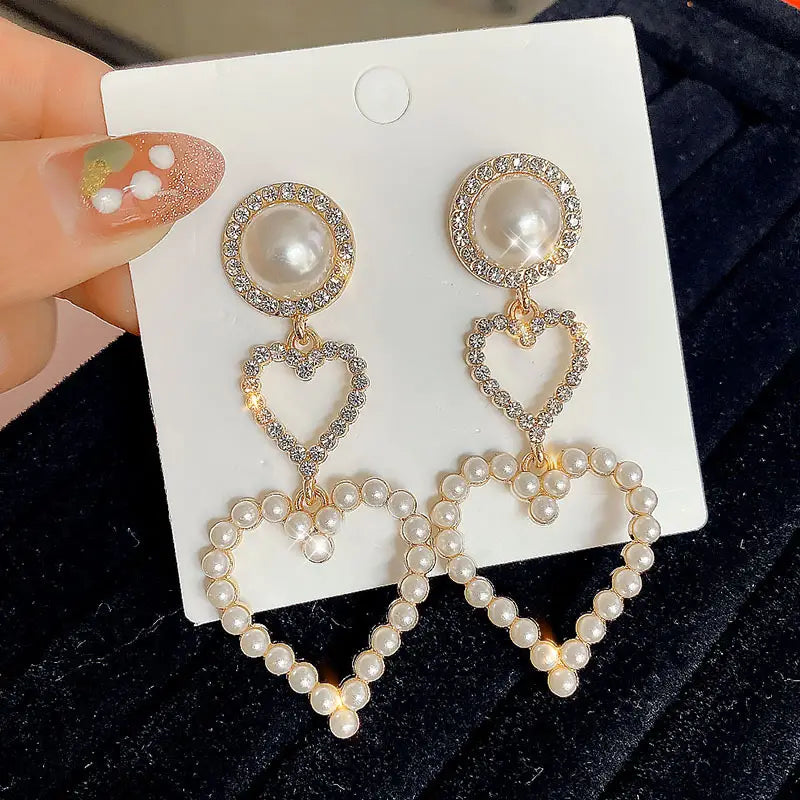 Double Heart Rhinestone Pearl Earrings Jewelry for Women Ladies Girls Accessories