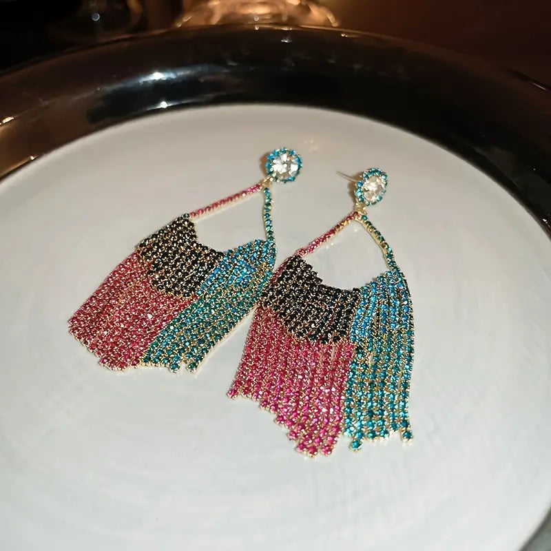 Beautiful Colored Rhinestones Fashion Dangle Tassel Earrings Jewelry for Women Girls