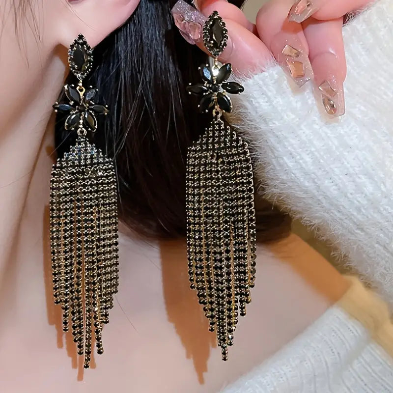 Lux Rhinestone Flower Long  Tassel Dangle Earrings Exaggerated Jewelry Accessories for Ladies