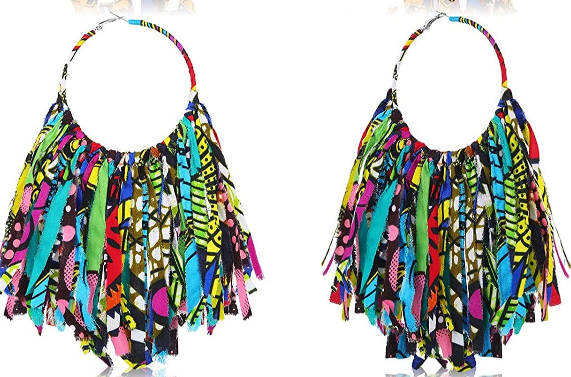 African Women’s Big Hoop Styled Fabric Cloth Feathered Multicolor Statement Fashion Earrings