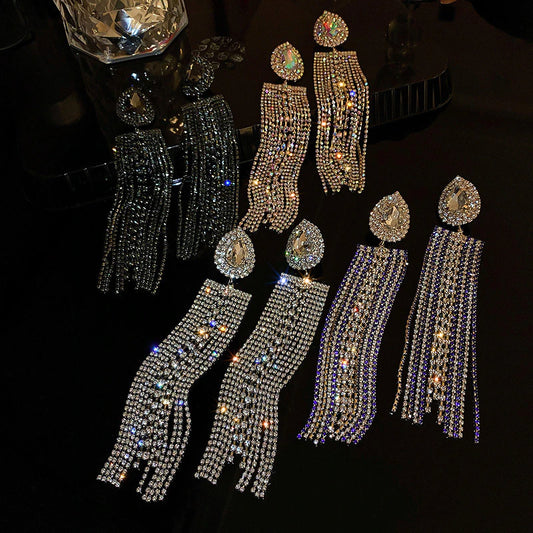 Elegant Diva Glam Shimmery Rhinestone Long Tassel Drop Earrings Chandelier Dangle Earring Accessories