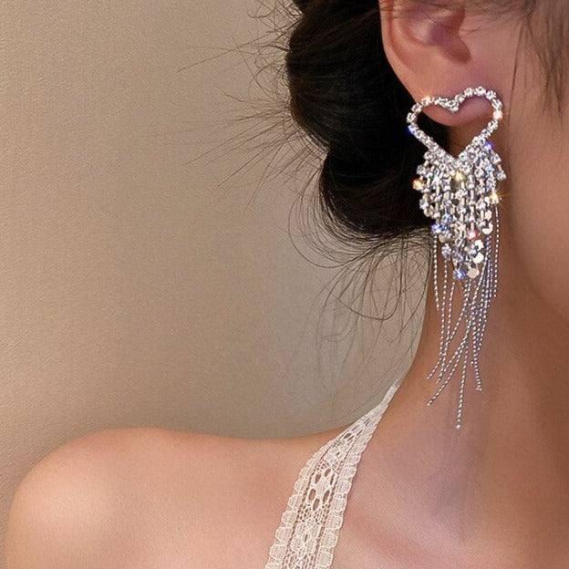 Sparkly Heart Crystal Tassel Earrings Women Accessories Rhinestone Dangle Jewelry