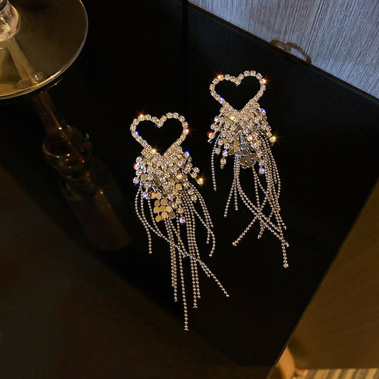 Sparkly Heart Crystal Tassel Earrings Women Accessories Rhinestone Dangle Jewelry