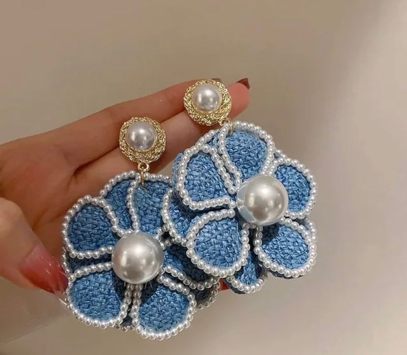 Elegant Blue Denim Crystal Pearl Flower Earrings Jewelry for Women Accessories