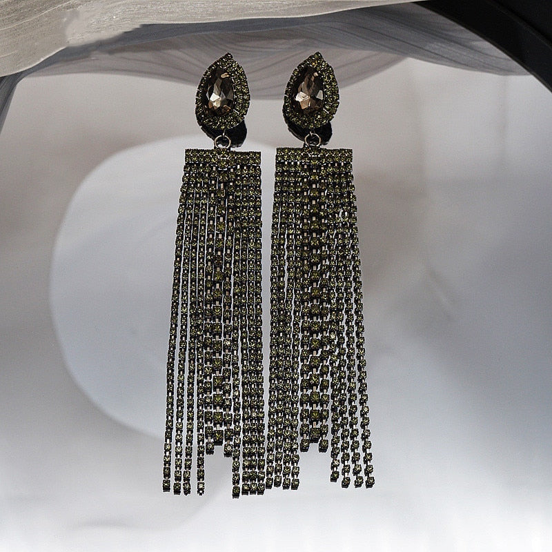 Elegant Diva Glam Shimmery Rhinestone Long Tassel Drop Earrings Chandelier Dangle Earring Accessories