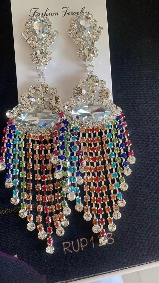 Elegant Fashion Women Shiny Rhinestone Colorful  Tassel Pendant Earrings Luxury Crystal  Earrings Jewels