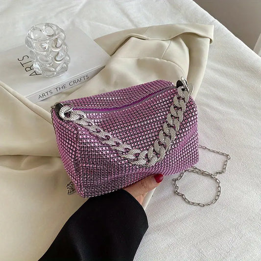 Purple Rhinestone Fashion Glitter Chain Crossbody Bag Women's Sparkly  Evening Party