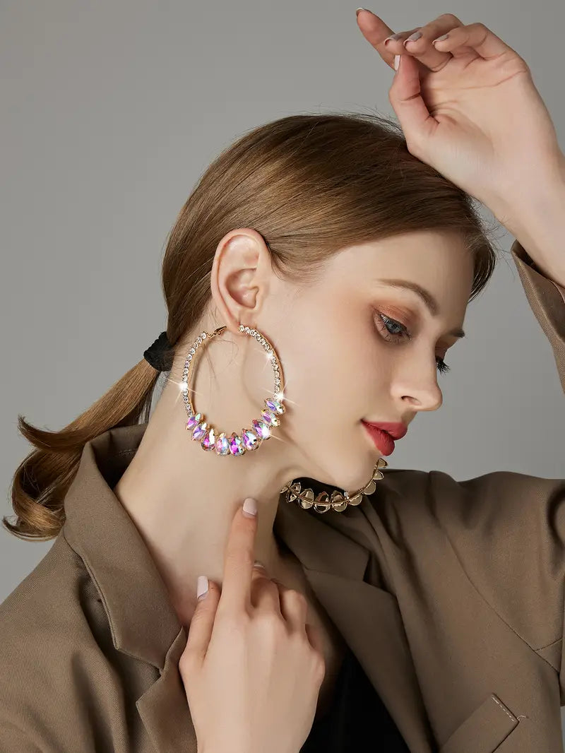 Fashion Round Glass Designed Rhinestone Hoop Earrings Gold Plated Fine Jewelry