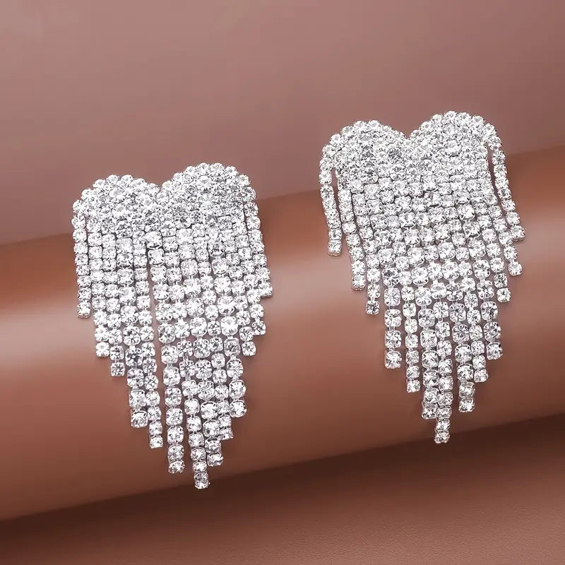 Heart-Shaped Rhinestone Tassel Drop Crystal Earrings Accessories
