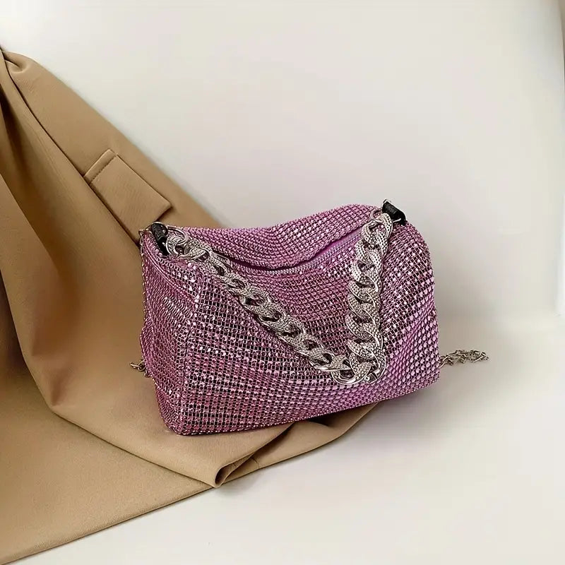 Purple Rhinestone Fashion Glitter Chain Crossbody Bag Women's Sparkly  Evening Party