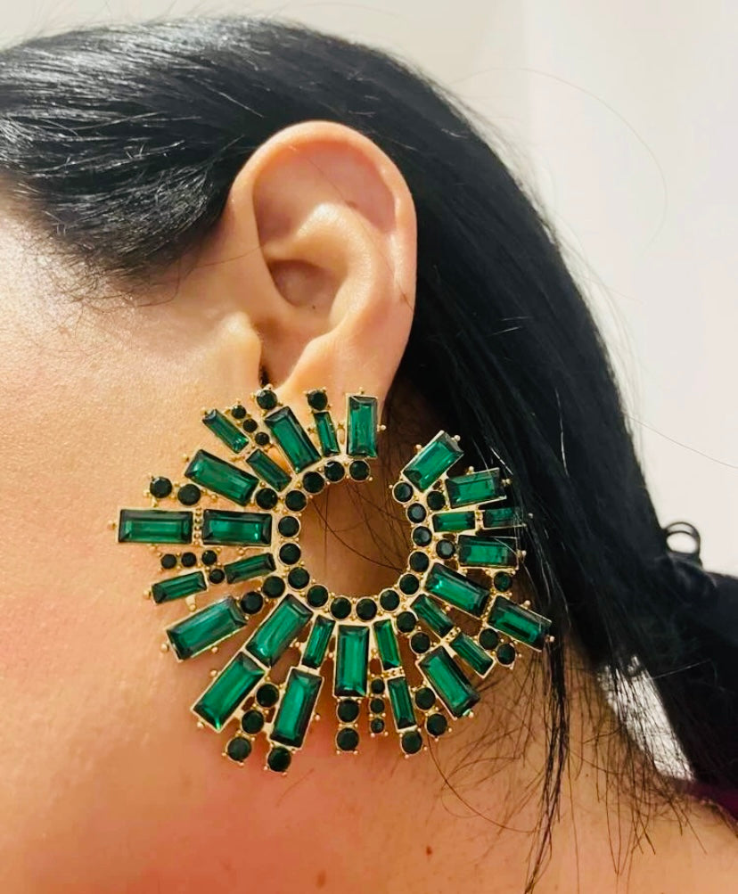 Fashion Hunter Green SXY Rhinestone Crystal Round Women Stud Glam Earrings