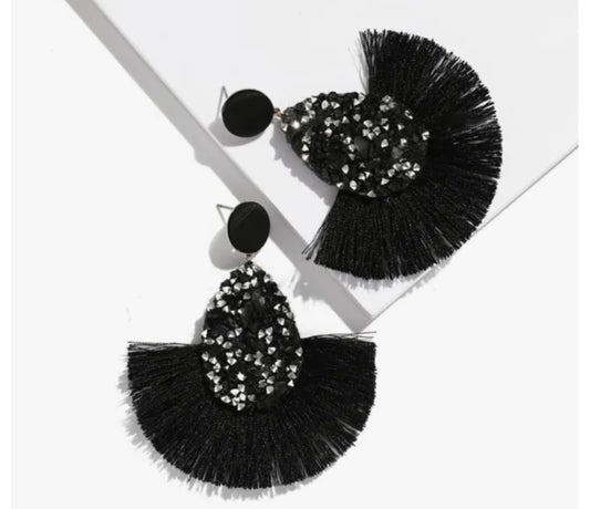 Cute Black Tassel Crystal Styled Feathered Statement Fashion Sparkly Earrings