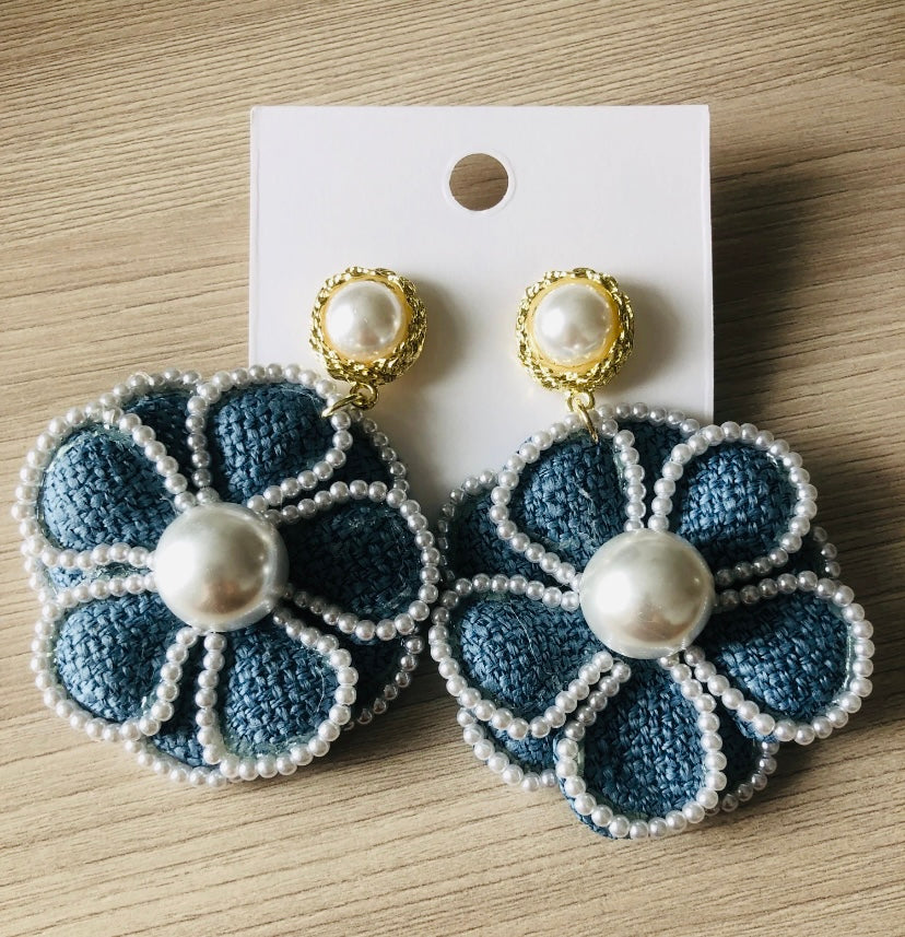 Elegant Blue Denim Crystal Pearl Flower Earrings Jewelry for Women Accessories