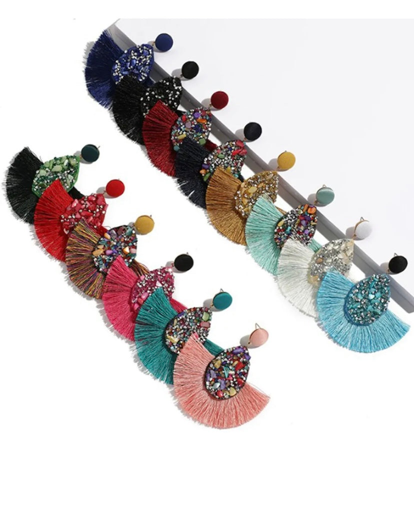 Cute Black Tassel Crystal Styled Feathered Statement Fashion Sparkly Earrings