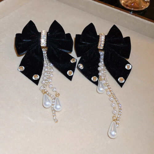 Trendy Cloth Bow Full Rhinestone Tassel Earrings Women's Fashion Bead Jewelry