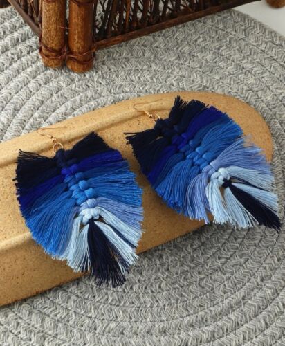 Blue Fan Feathered Tassel Styled Statement Fashion Earrings Women’s Accessories