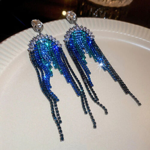 Fashion Blue Crystal Statement Long Full Rhinestone Big Earrings For Women