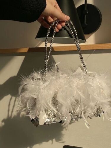 Women's Fashionista Evening Clutch Bag Shiny Feathered Purse Tote Cute Handbag Accessories